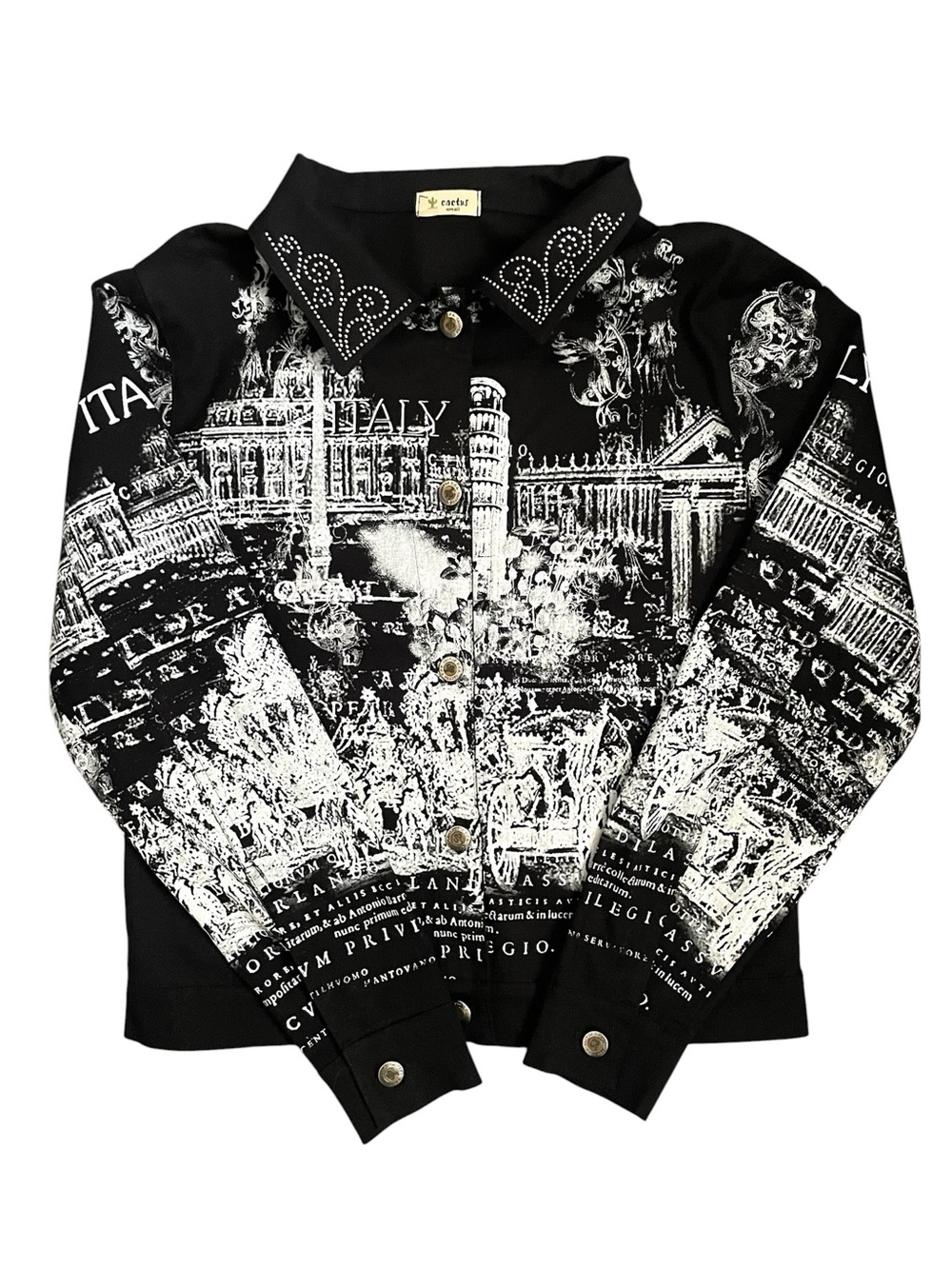 Cactus Y2K Italy Graphic Jacket Rhinestone Collar Black White Size Small
